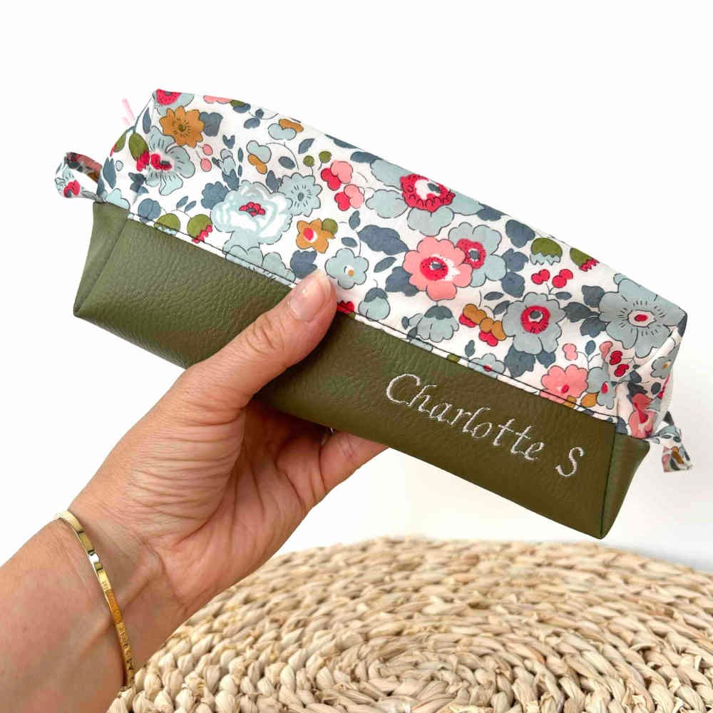 Trousse double en simili kaki et liberty porcelaine