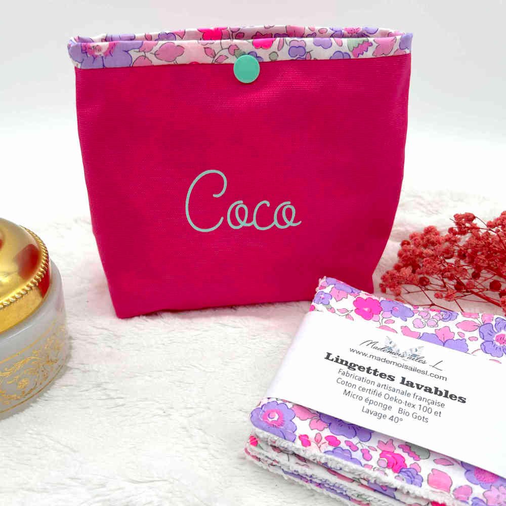 Pochette beauté liberty besty parme personnalisée et ses lingettes lavables