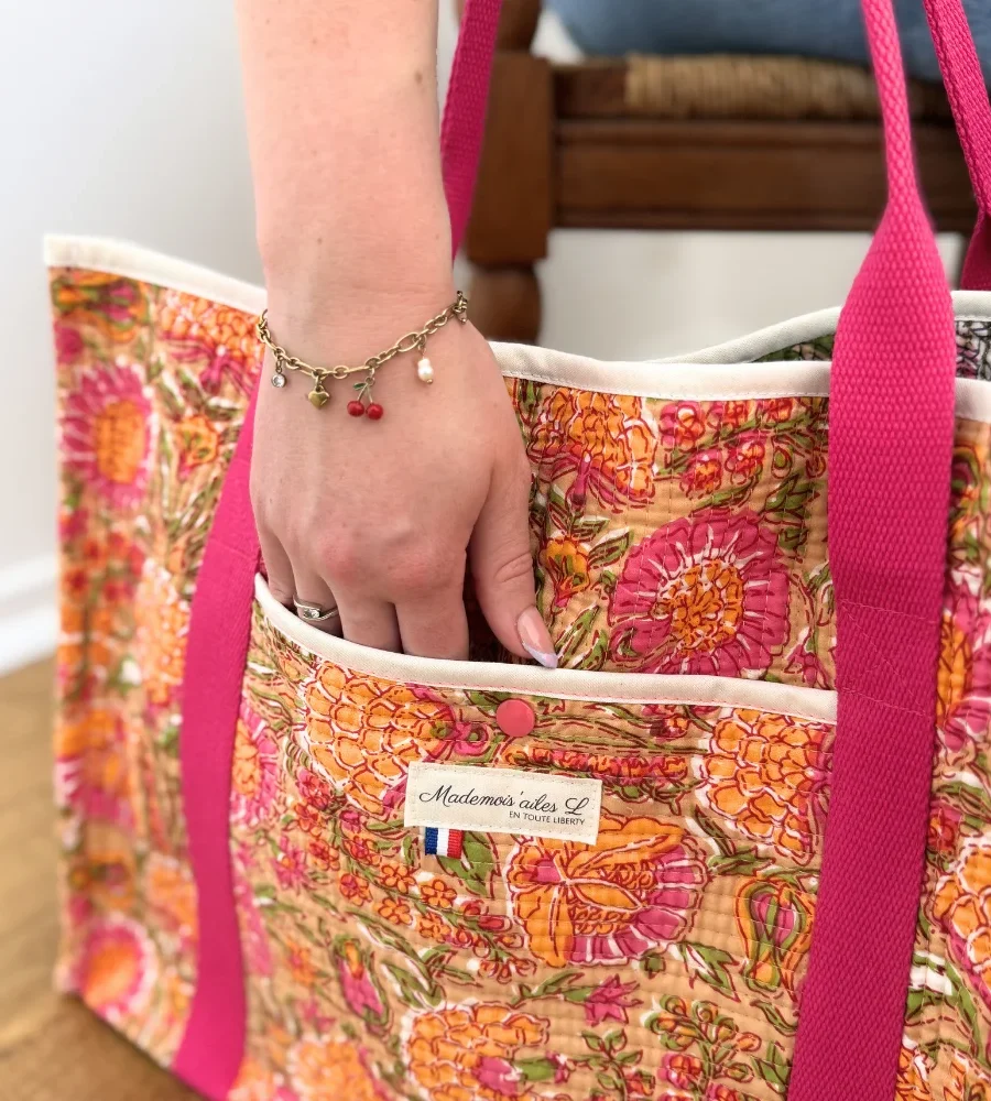 Sac cabas femme matelasse en tissu Blockprint indien orange